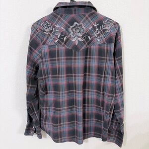 Plaid Floral Embroidered Blouse